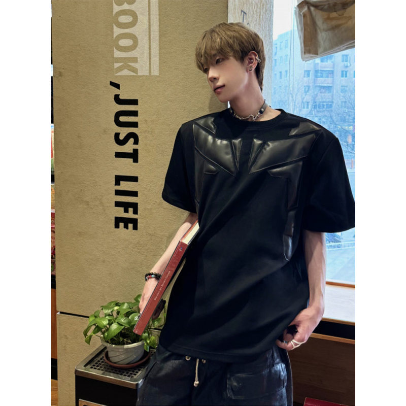 pu皮拼接垫肩t恤男夏季