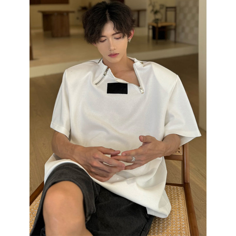 美式解构vibe垫肩拉链短袖男款