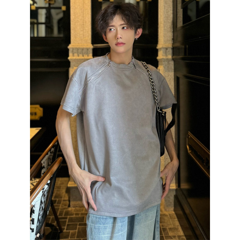 麂皮绒水洗做旧拉链设计短袖