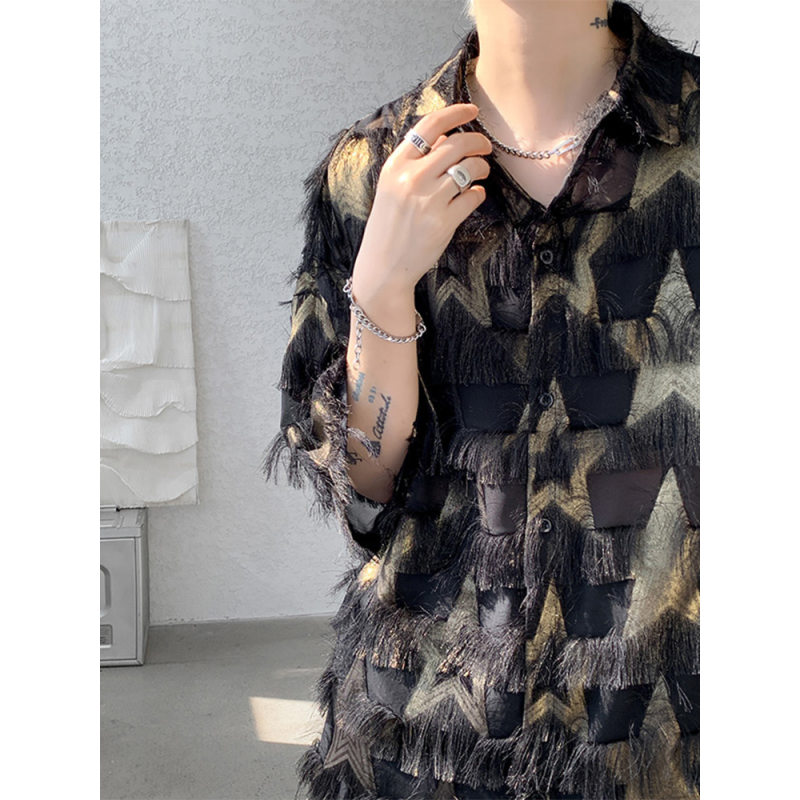 流苏烫金毛边设计短袖衬衫