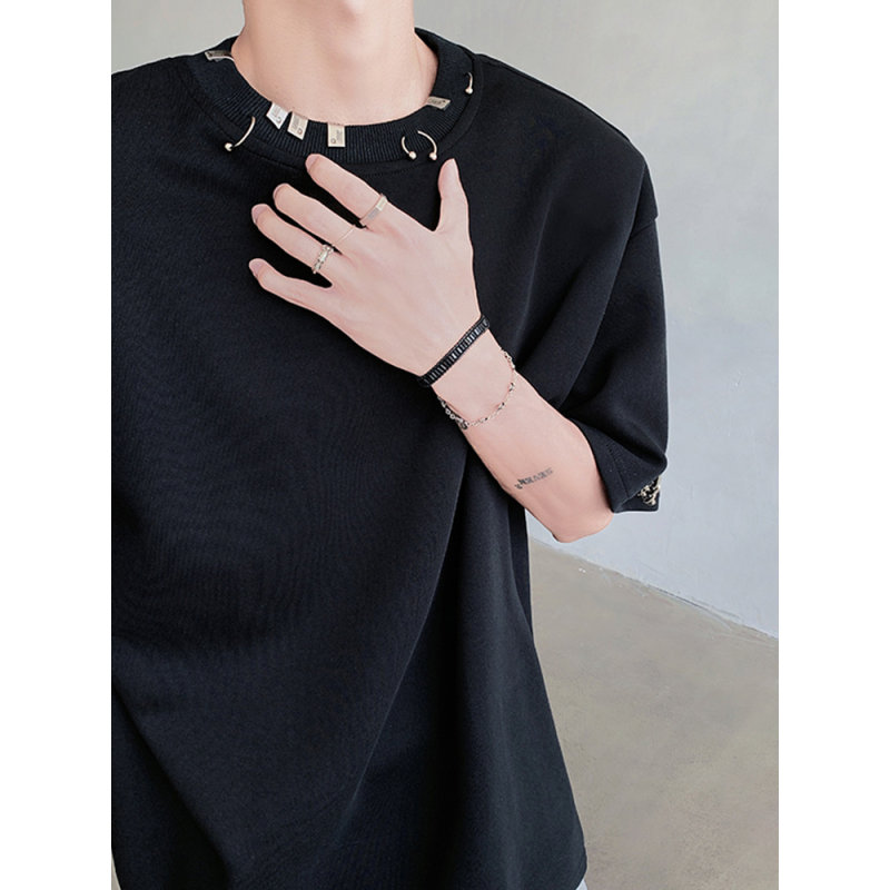 金属铆钉设计感小众垫肩t恤短袖