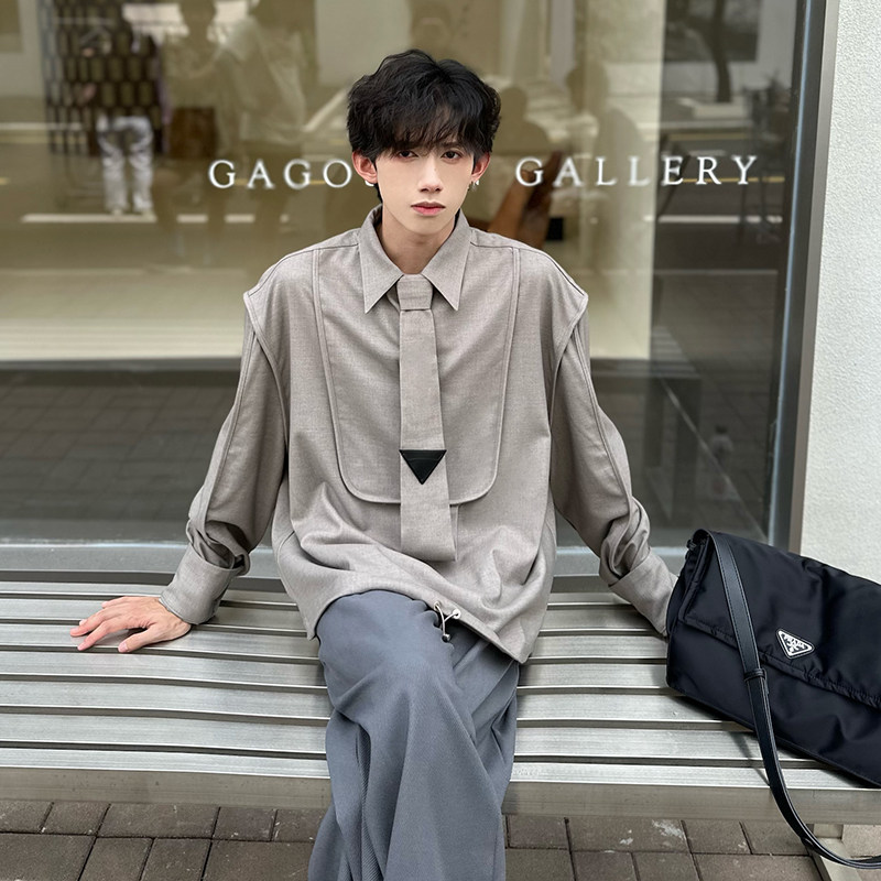 布客行  原创小众设计感领带长袖衬衫男春秋季高级感下摆抽绳衬衣,男装,羽绒马甲,淘宝优惠券,粉丝福利购,淘宝优惠卷