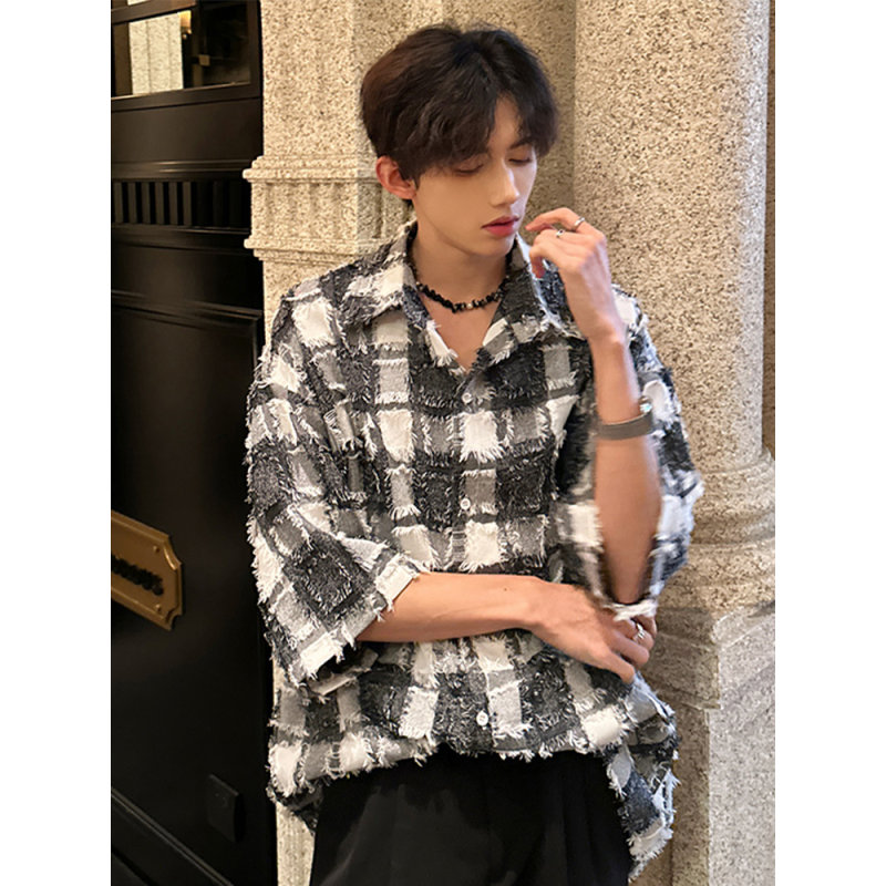 流苏格子短袖衬衫高级感