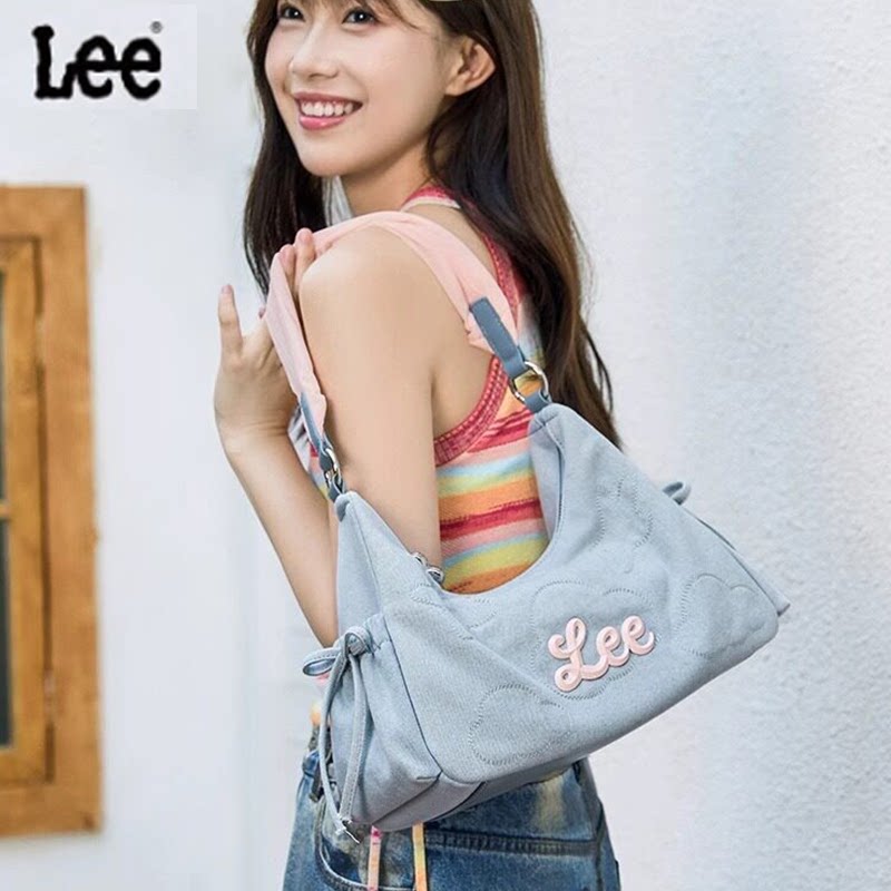 Lee春夏女牛仔帆布云吞包大容量单肩hobo背包通勤上课包托特包图片