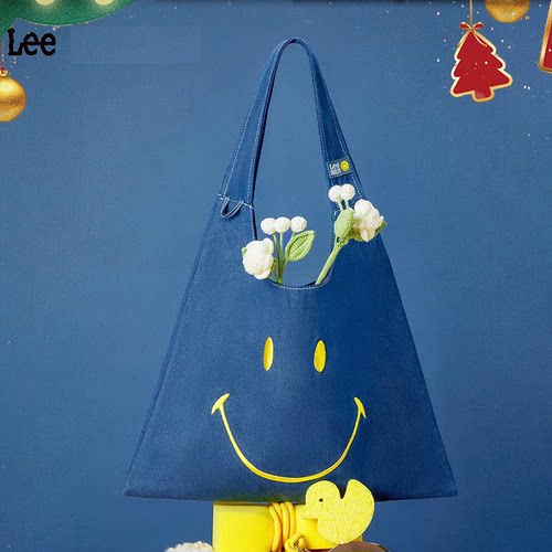 Lee x smiley笑脸包牛仔帆布托特包购物袋黄子弘凡同款学生上课包