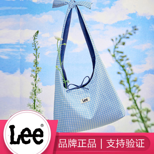 Lee女大容量牛仔帆布托特包格纹单肩包女大学生上课通勤包购物袋