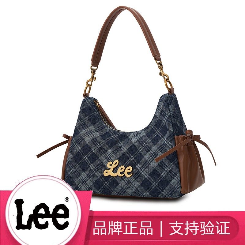 Lee秋冬女牛仔帆布云吞包大容量单肩hobo背包通勤上课格纹托特包c图片