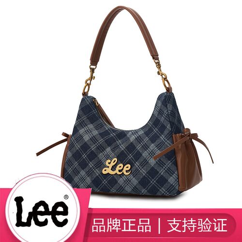 Lee秋冬女牛仔帆布云吞包大容量单肩hobo背包通勤上课格纹托特包c