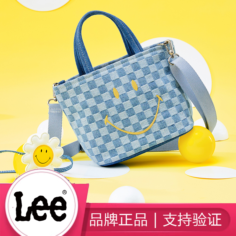 Lee女笑脸格纹单肩包牛仔帆布托特包斜挎包大学生上课通勤包