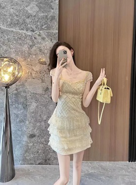 Pre Party2023鹅黄色高定小礼裙手工满钻钉珠设计师短裙连衣裙