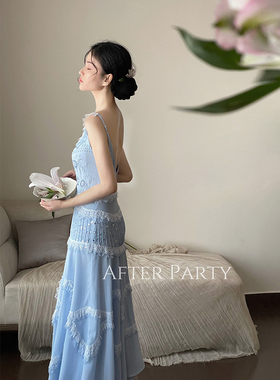 Pre Party 明星周也同款连衣裙高定湖蓝色重工度假气质吊带裙长裙