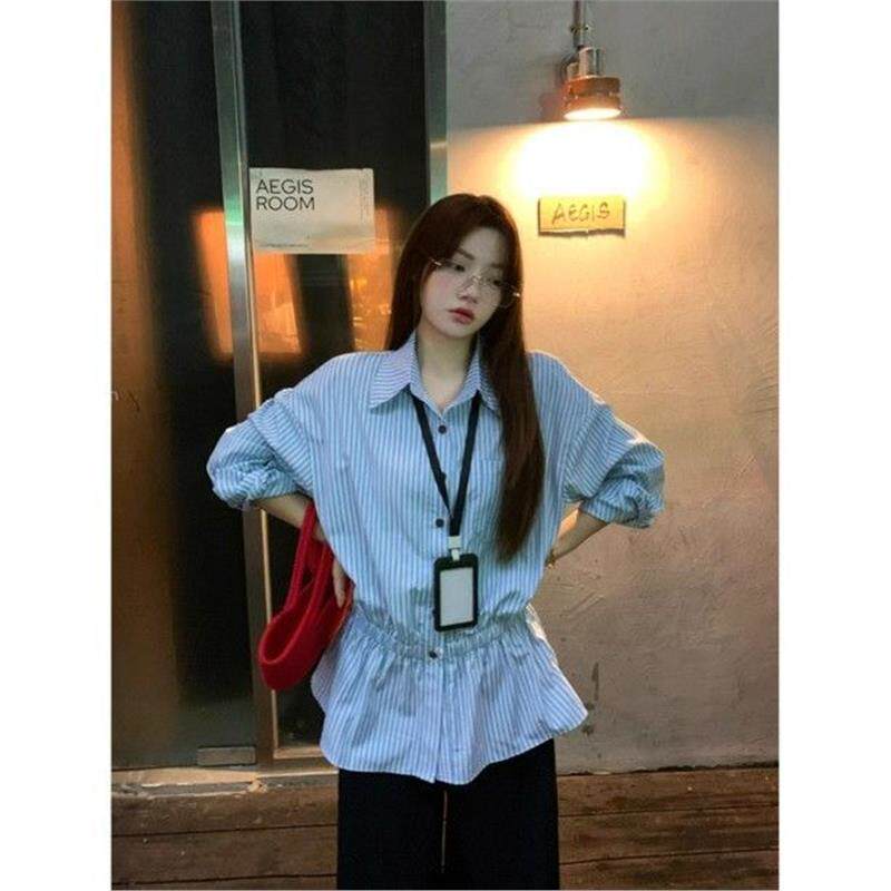 大码时尚通勤条纹长袖衬衫女春季胖mm显瘦宽松高级感衬衣收腰上衣