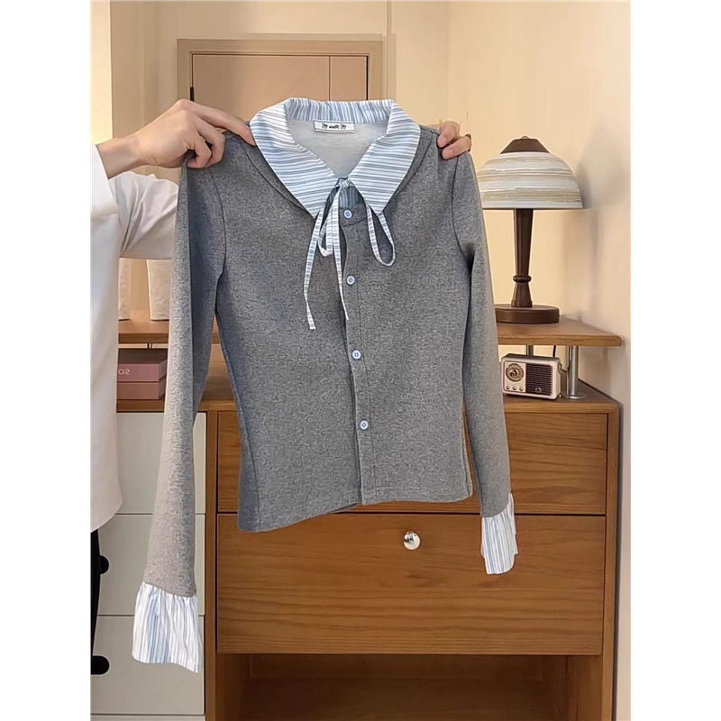 春季新款设计感假两件条纹polo领衬衫女长袖保暖内搭打底韩系上衣