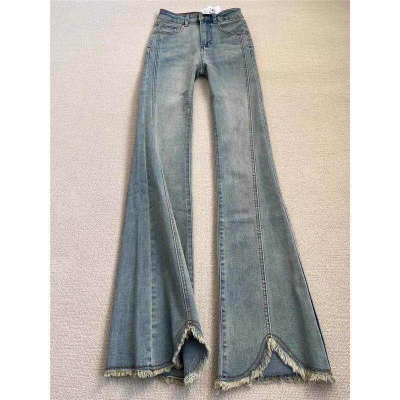 浅蓝色微喇牛仔裤女大码胖mm高腰显瘦开叉直筒裤高个子加长裤子女