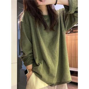 大码绿色条纹长袖T恤女装春季复古慵懒风宽松遮肉显瘦打底衫上衣