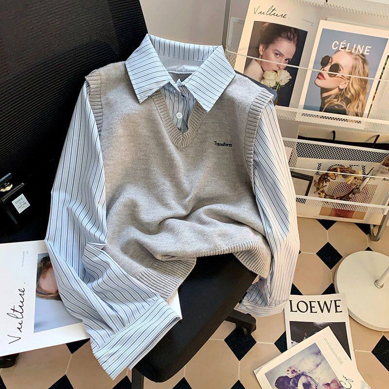 2025早春新款条纹假两件拼接衬衫女韩系内搭叠穿针织马甲上衣外穿