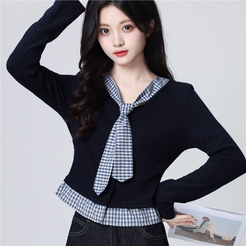 法式假两件长袖T恤女春秋2026春季新款格子拼接设计感V领短款上衣