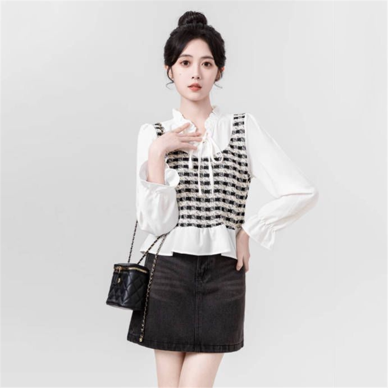 法式假两件系带长袖衬衫女2026春秋新款格子拼接娃娃衫别致短上衣