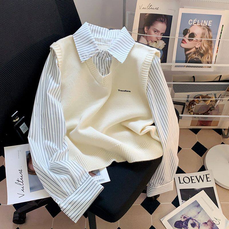 2025早春新款条纹假两件拼接衬衫女韩系内搭叠穿针织马甲上衣外穿