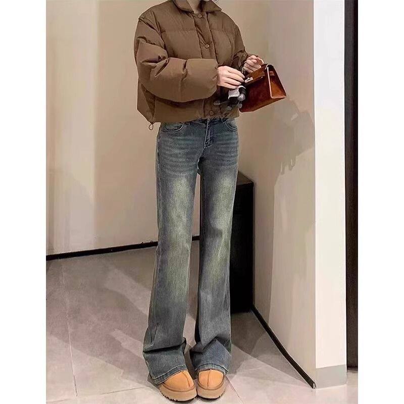 复古怀旧高腰微喇牛仔裤女春季新款胖mm大码弹力显瘦喇叭马蹄裤子
