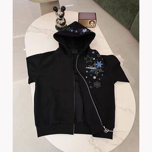 纯棉重工绣花!雪花刺绣重磅开衫卫衣女款连帽衫春秋冬加绒外套女