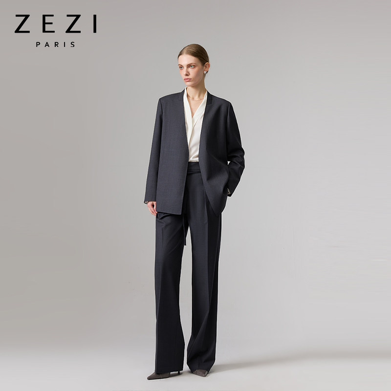 zezi羊毛无领西装宽松通勤休闲女士西服春季新款商务简约气质外套