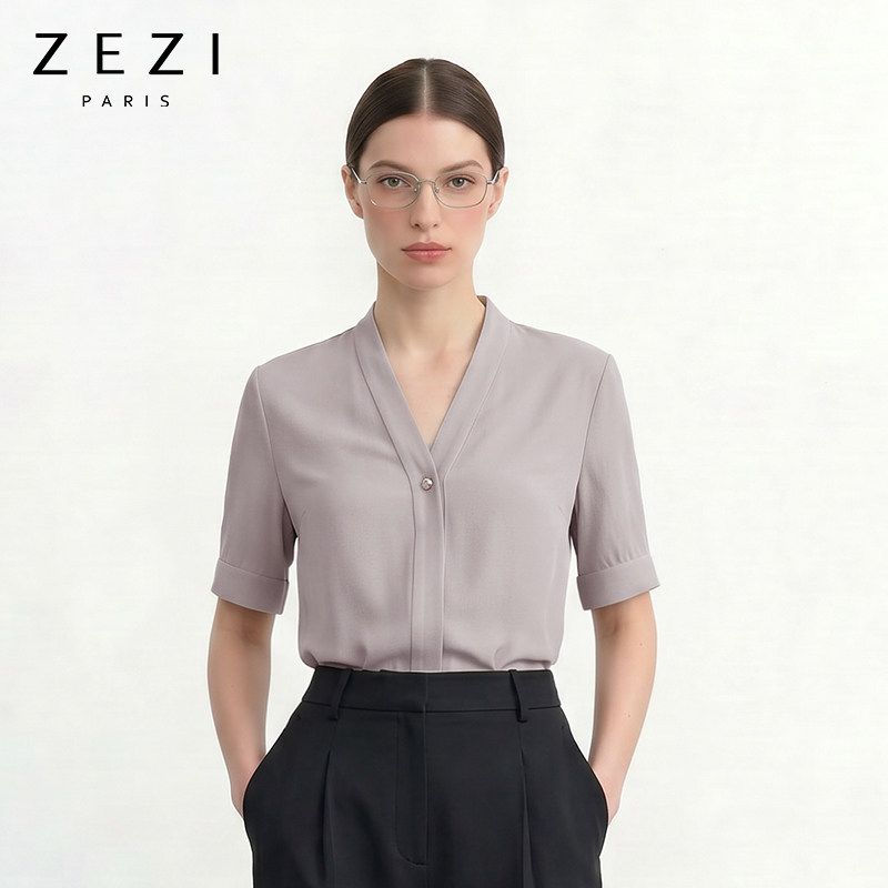 zeziV领醋酸短袖显瘦衬衫夏季新款单排扣女衬衣休闲气质通勤上衣