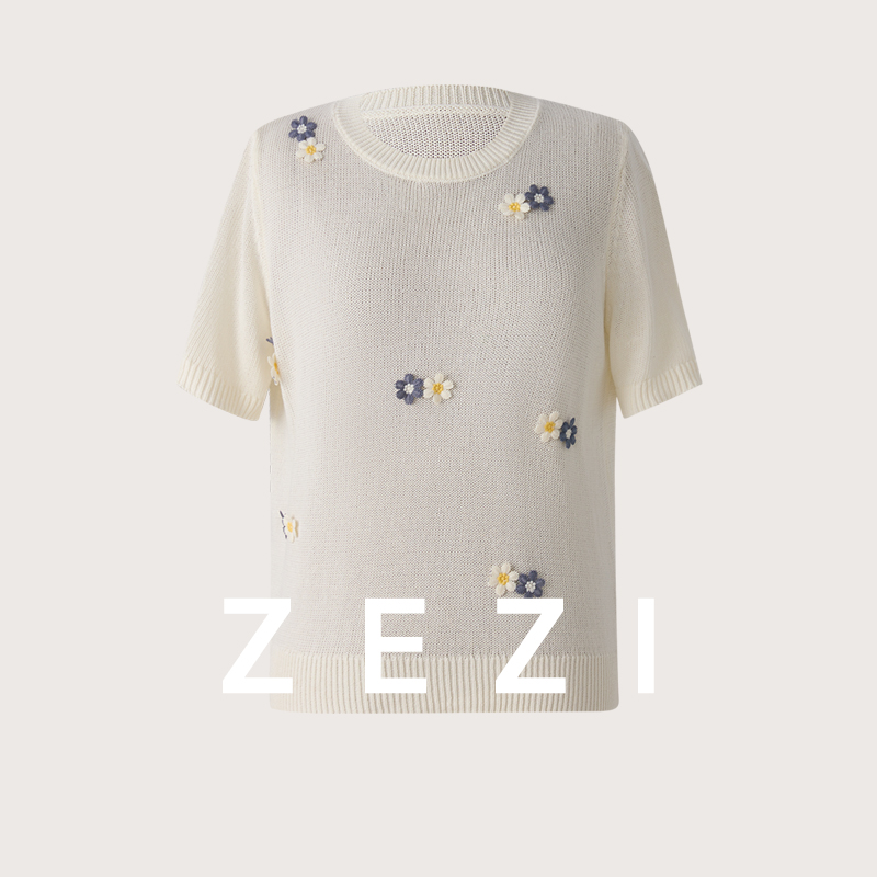 zezi莱赛尔亚麻针织圆领短袖T恤