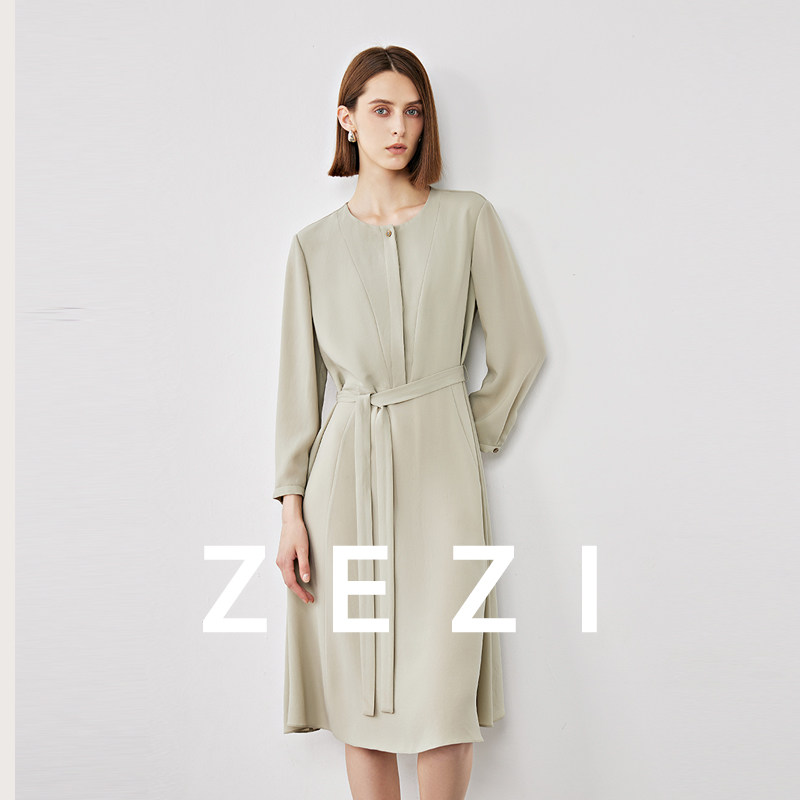 zezi进口三醋酸连衣裙圆领长袖腰带裙时尚休闲中长款女裙气质优雅