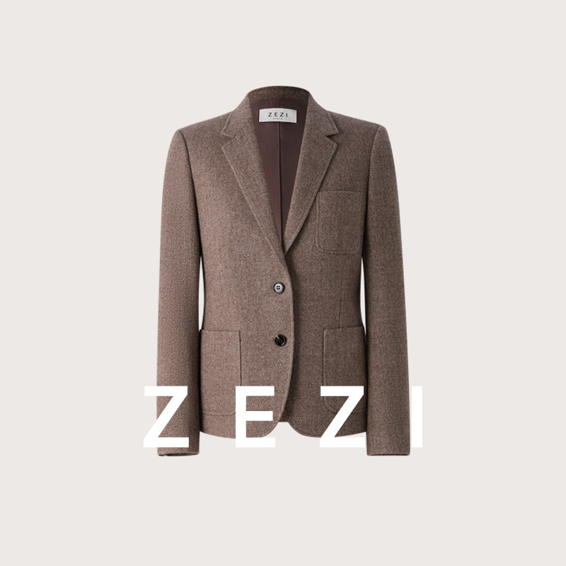 zezi金丝棕人字纹丽诺羊毛西装
