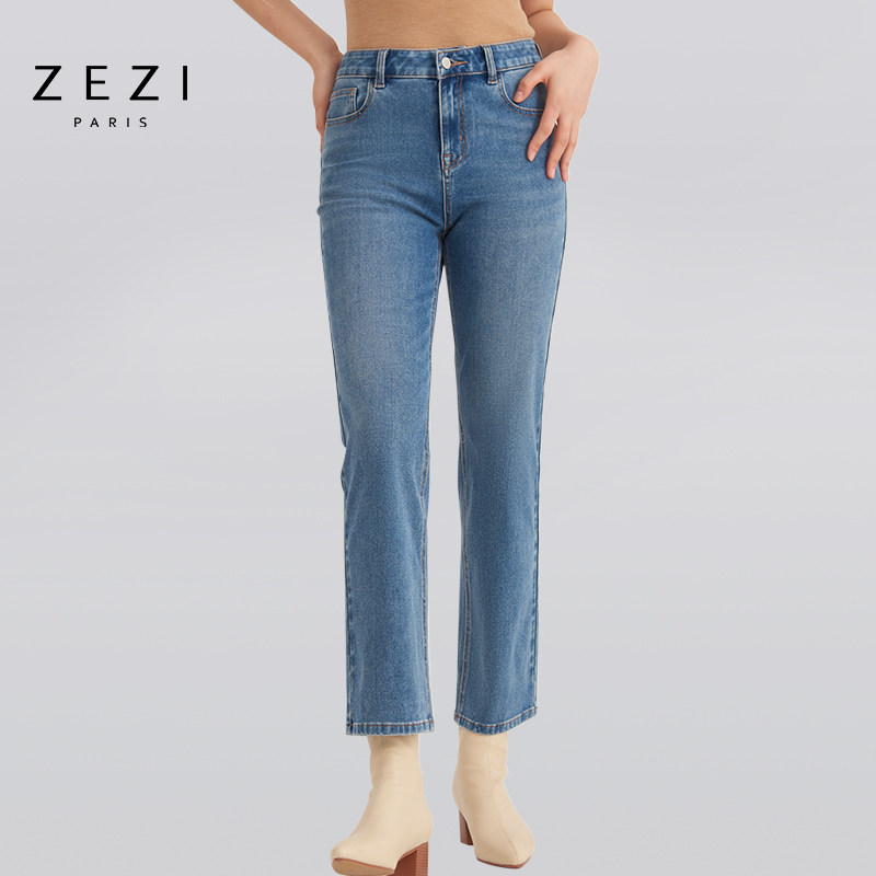 zezi春秋新款高端牛仔裤女中腰修身弹力显瘦直筒牛仔单裤时尚百搭