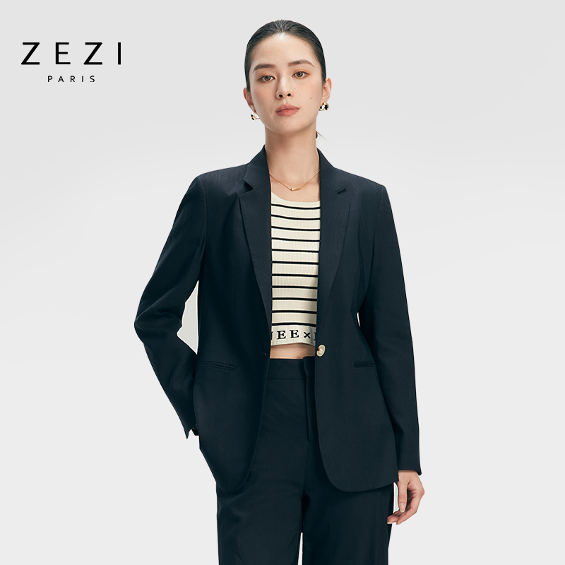 zezi亚麻西装套装女秋季2023新款女装休闲西装通勤简约藏青色外套