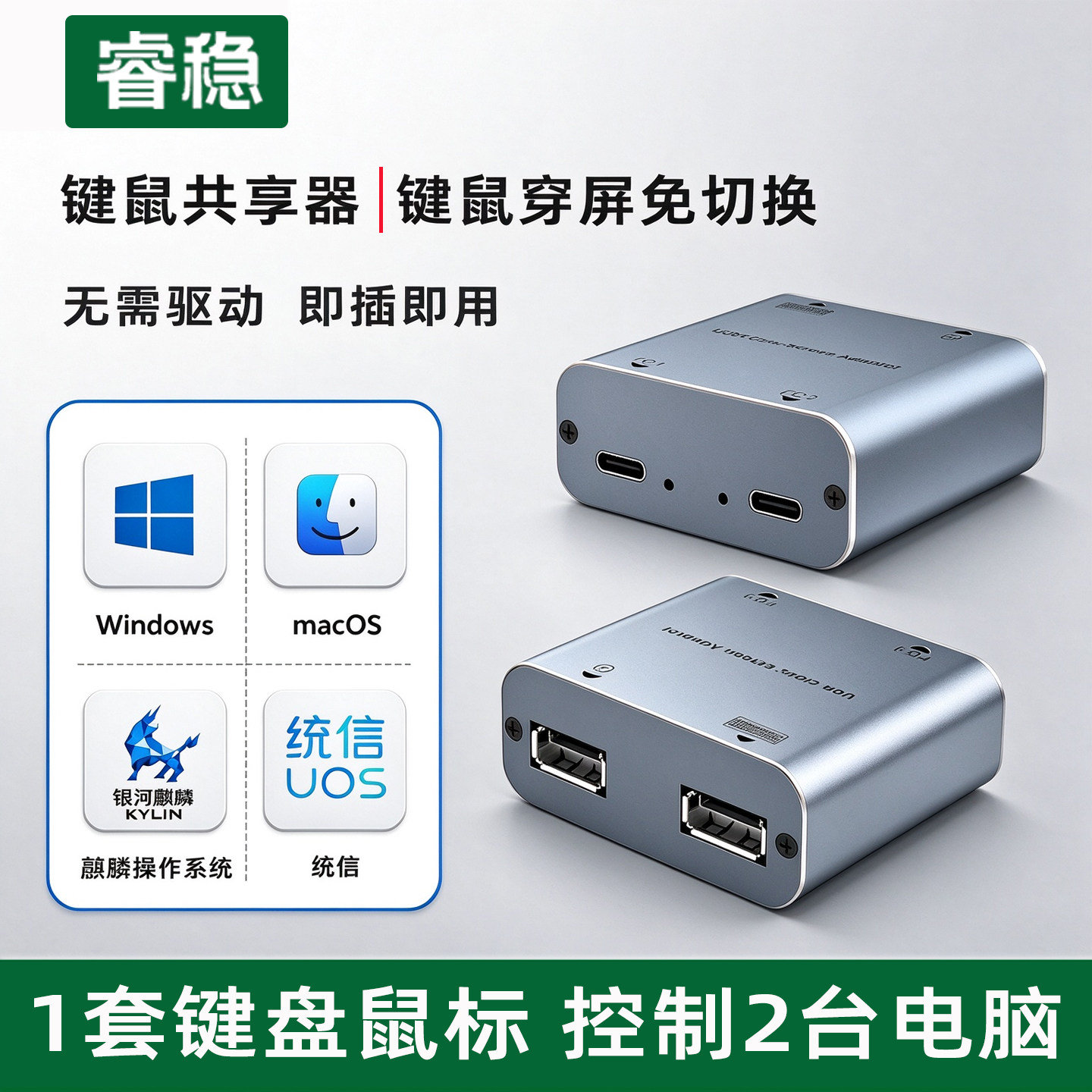睿稳跨屏器USB穿屏宝两台电脑共享一套键盘鼠标共用内外网键鼠跨屏炒股台式笔记本免驱热键穿越KVM切换控制图片
