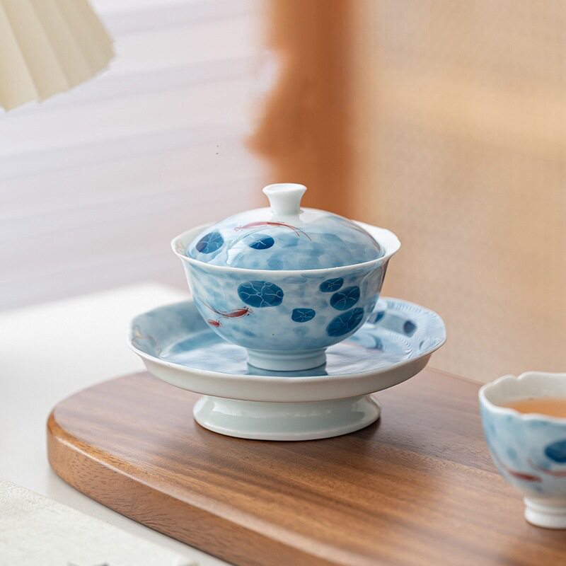 手绘釉下彩爱莲说功夫茶具套装家用女士茶杯盖碗品茗杯商务伴手礼