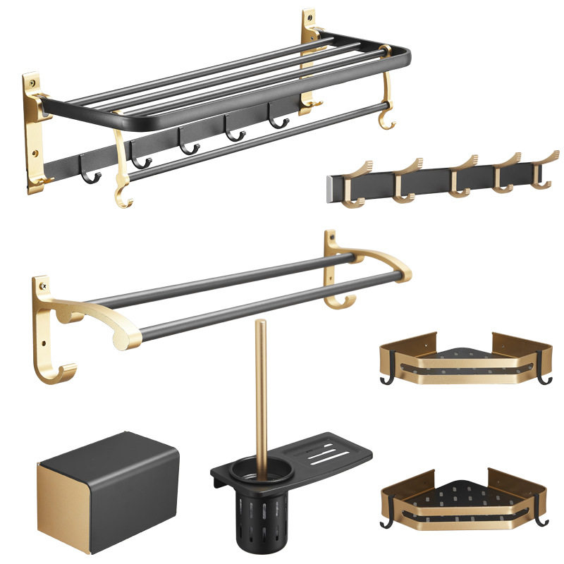 洁西特太空铝卫浴套件卫生间五金挂件浴室收纳毛巾杆黑金六件