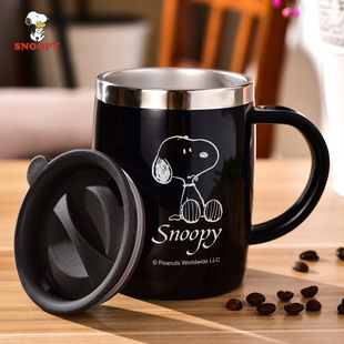 史努比家用水杯304不锈钢茶杯办公室带盖手柄咖啡杯保温马克杯子