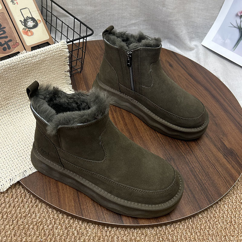 拉链雪地靴男皮毛一体新款真皮全羊毛厚底防滑棉鞋加绒加厚短靴子