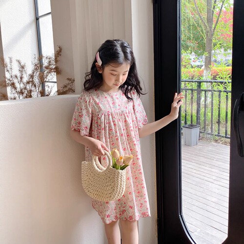 法式夏女童纯棉刺绣碎花连衣裙