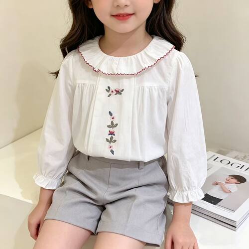 韩系新款女童花边领绣花衬衫新品童装樱桃全棉内搭衬衣打底衫