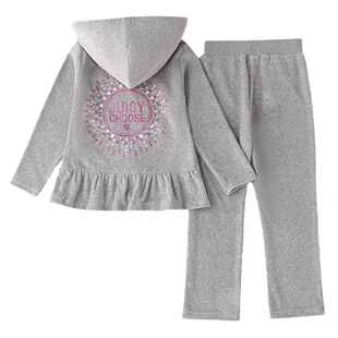 春秋季天鹅绒时尚春秋女童休闲洋气连帽天鹅绒两件套运动套装