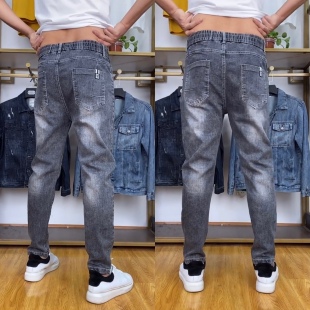 9117春季男款时尚加绒牛仔裤修身百搭休闲裤男士潮流高腰直筒长裤