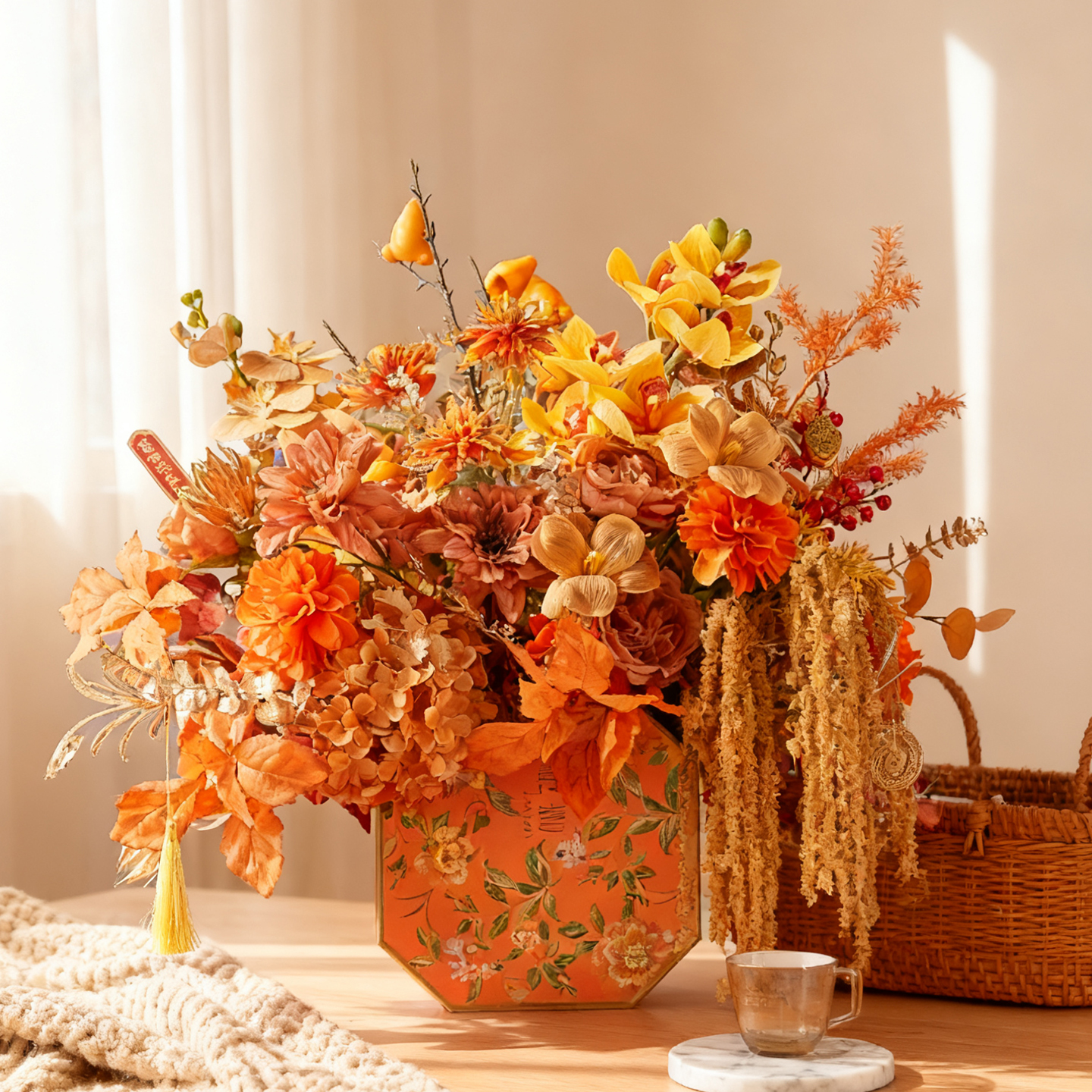 假花仿真花摆设设轻奢高2026新年抱抱桶福桶过年宵花餐桌花束摆件