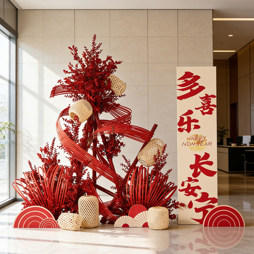 春节氛围布置红色喜庆竹编花艺摆件新年装饰挂布酒店大堂商场美陈