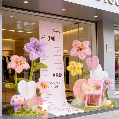 仿真毛绒花造景商场美陈网红打卡拍照区女服装店橱窗装饰场景布置