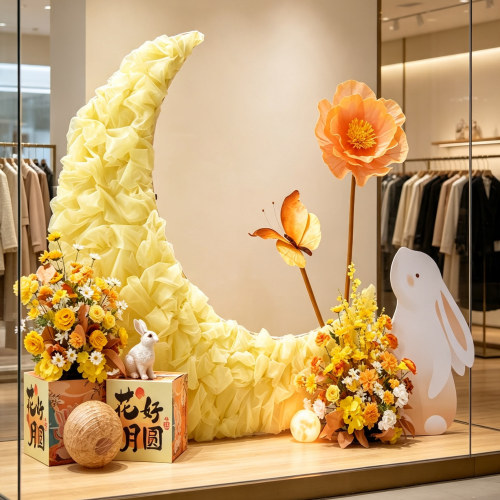 仿真假花造景服装店橱窗装饰场景布置国庆中秋节氛围美陈月亮摆件