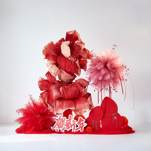 红色仿真花假花造景过新年装饰花艺摆件纸花橱窗美陈氛围场景布置