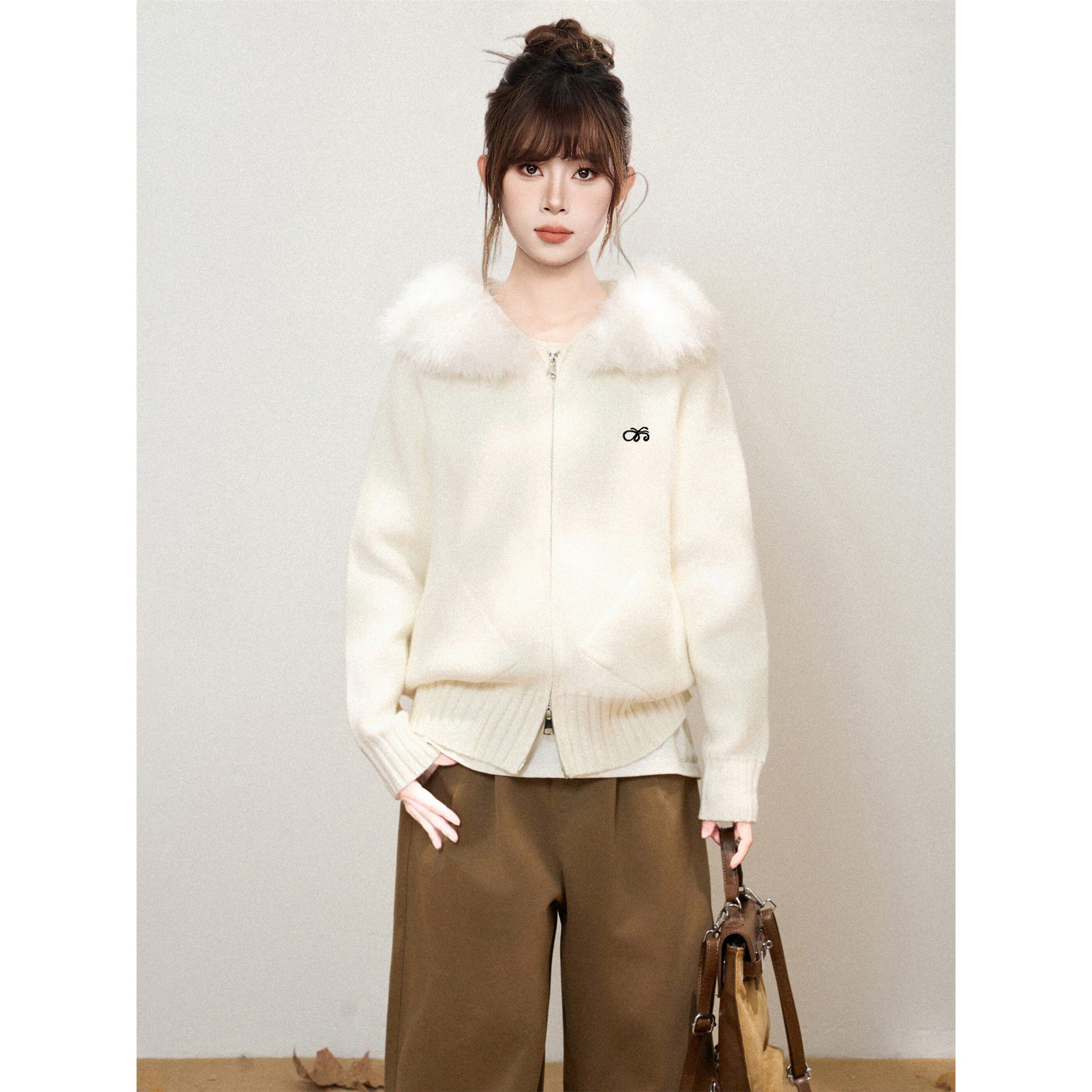 白色毛领连帽双拉炼针织毛衣外套女秋季秋冬宽松外搭开衫卫衣上衣