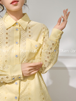 Plum Jan/Early Autumn Design Style Korean Yellow Cardigan Top Polo Collar Hollow Long Sleeve Shirt for Women