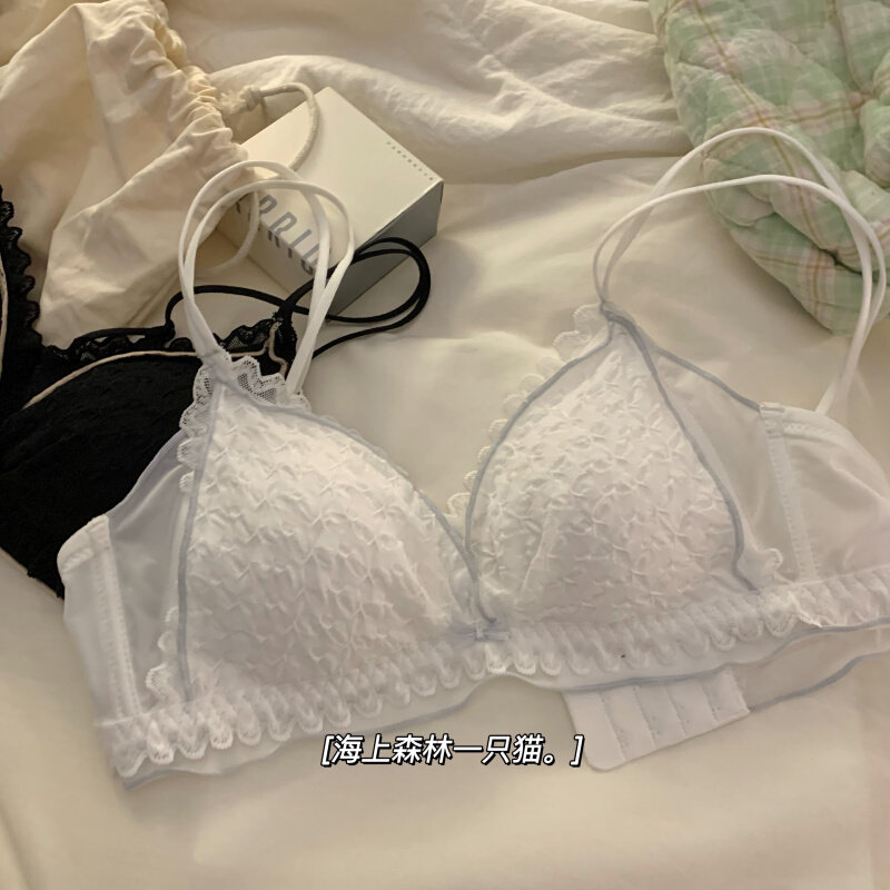 美背内衣女小胸h聚拢无r钢圈调整型日系蕾丝少女薄款白色文胸罩套