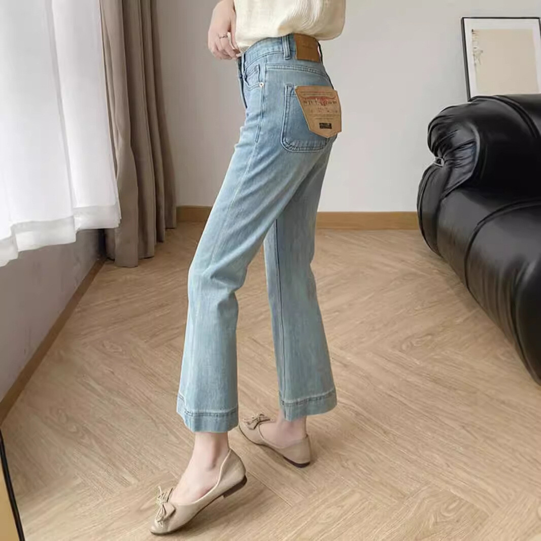 浅蓝色四面弹薄款微喇牛仔裤女夏季大码胖妹妹mm冰丝小个子直筒裤